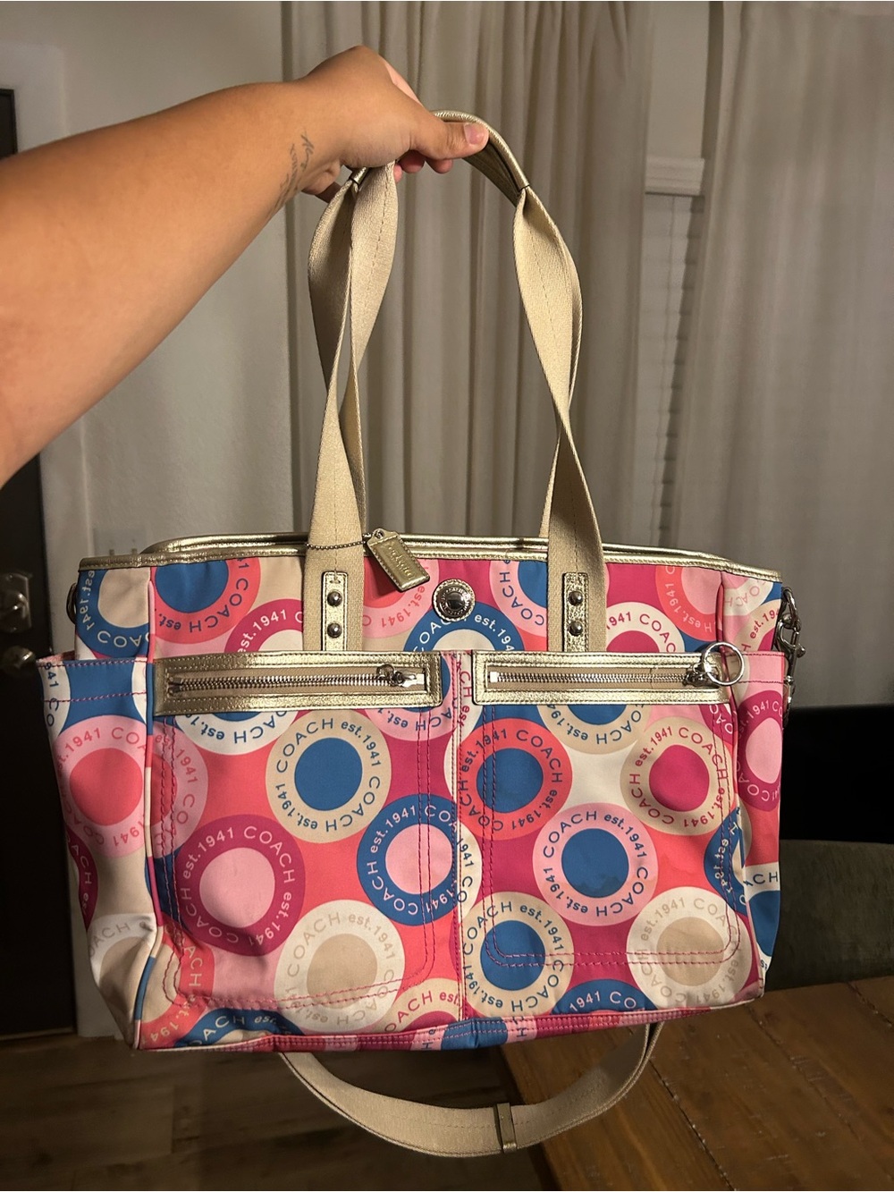 Coach Pink and Blue Circle Print Tote with Cream Straps